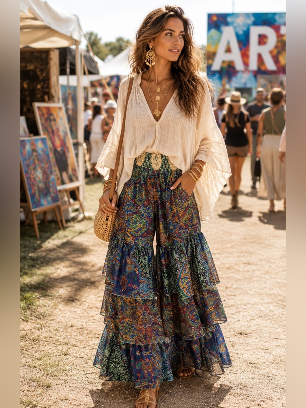 Silk Women’s Ruffle Wide-Leg Pants in Multicolor Paisley Print